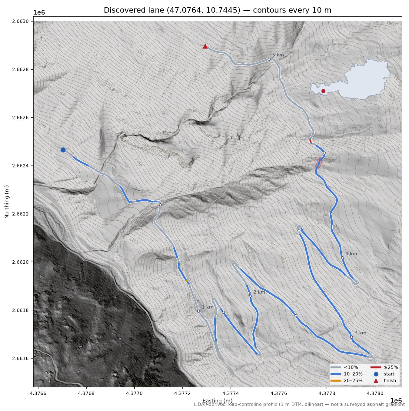 Discovered lane (47.0764, 10.7445) LiDAR hillshade map with contours