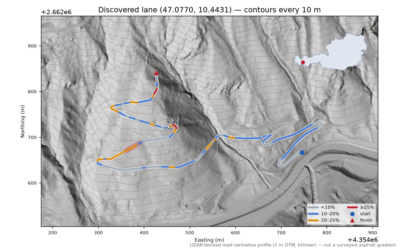 Discovered lane (47.0770, 10.4431) LiDAR hillshade map with contours