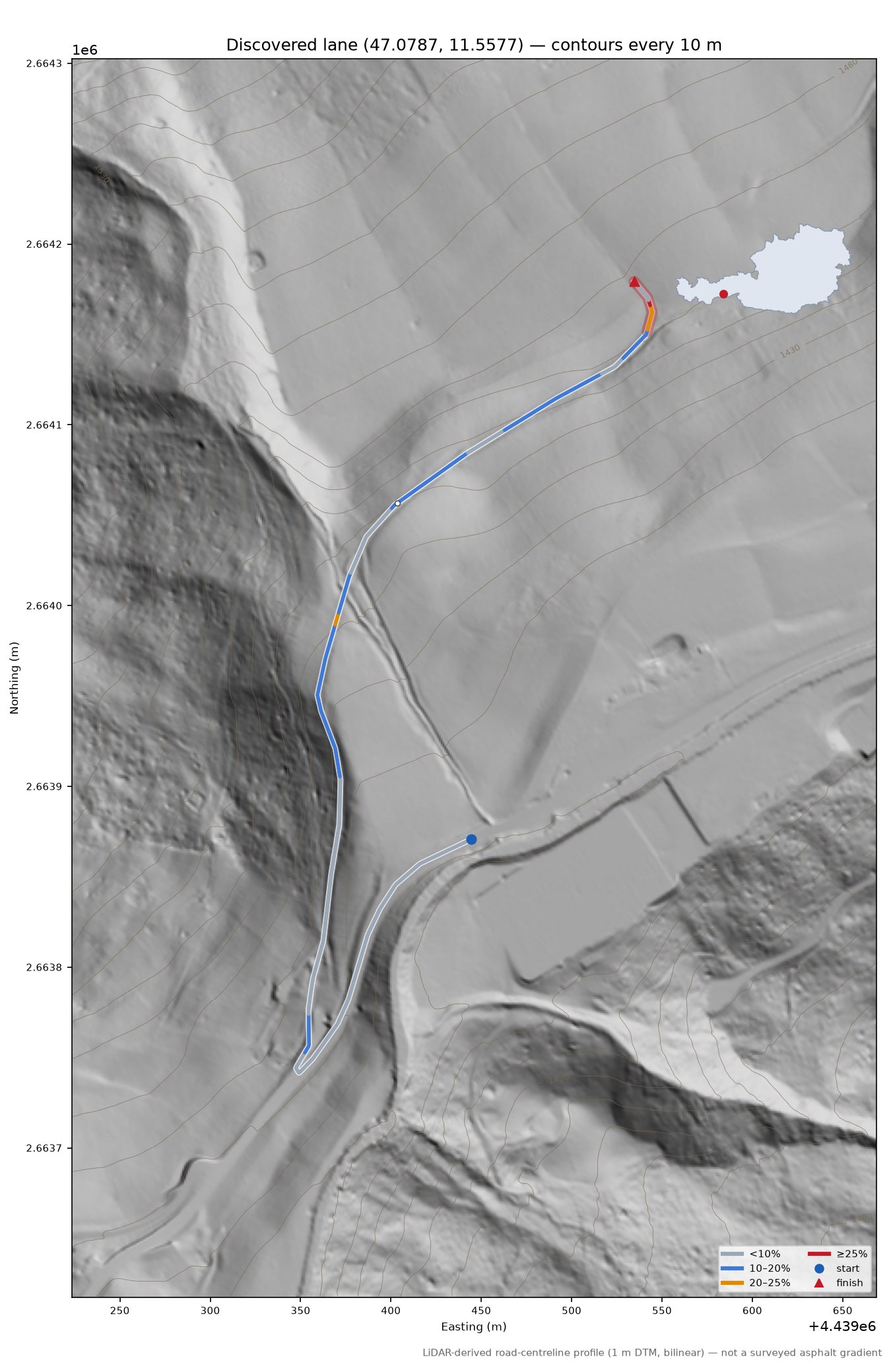 Discovered lane (47.0787, 11.5577) LiDAR hillshade map with contours