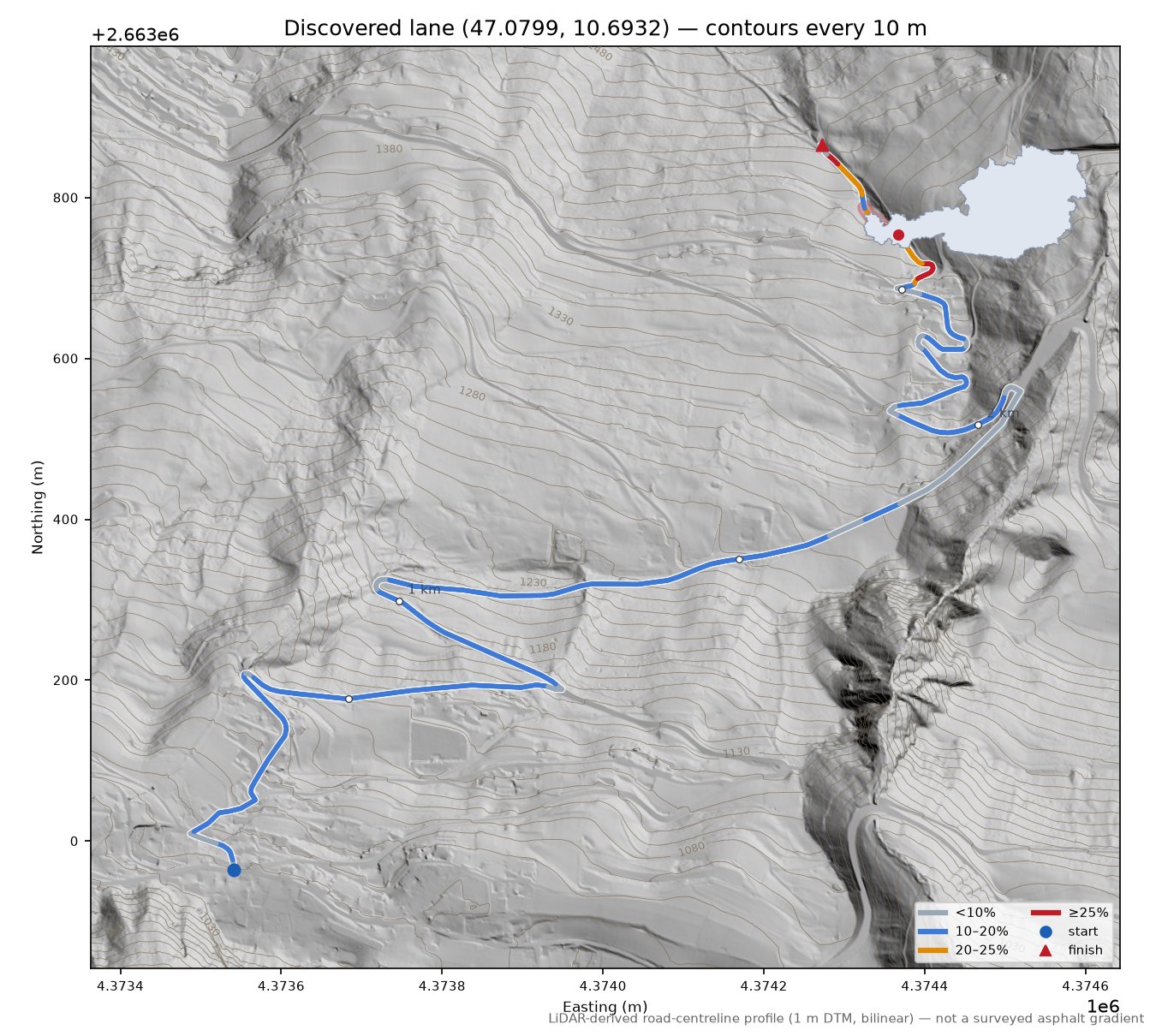 Discovered lane (47.0799, 10.6932) LiDAR hillshade map with contours