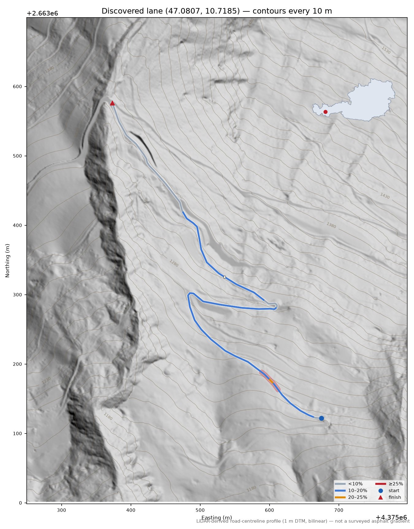 Discovered lane (47.0807, 10.7185) LiDAR hillshade map with contours