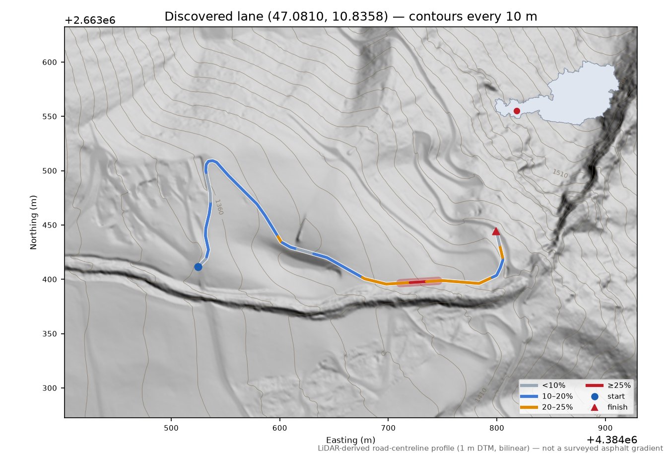 Discovered lane (47.0810, 10.8358) LiDAR hillshade map with contours