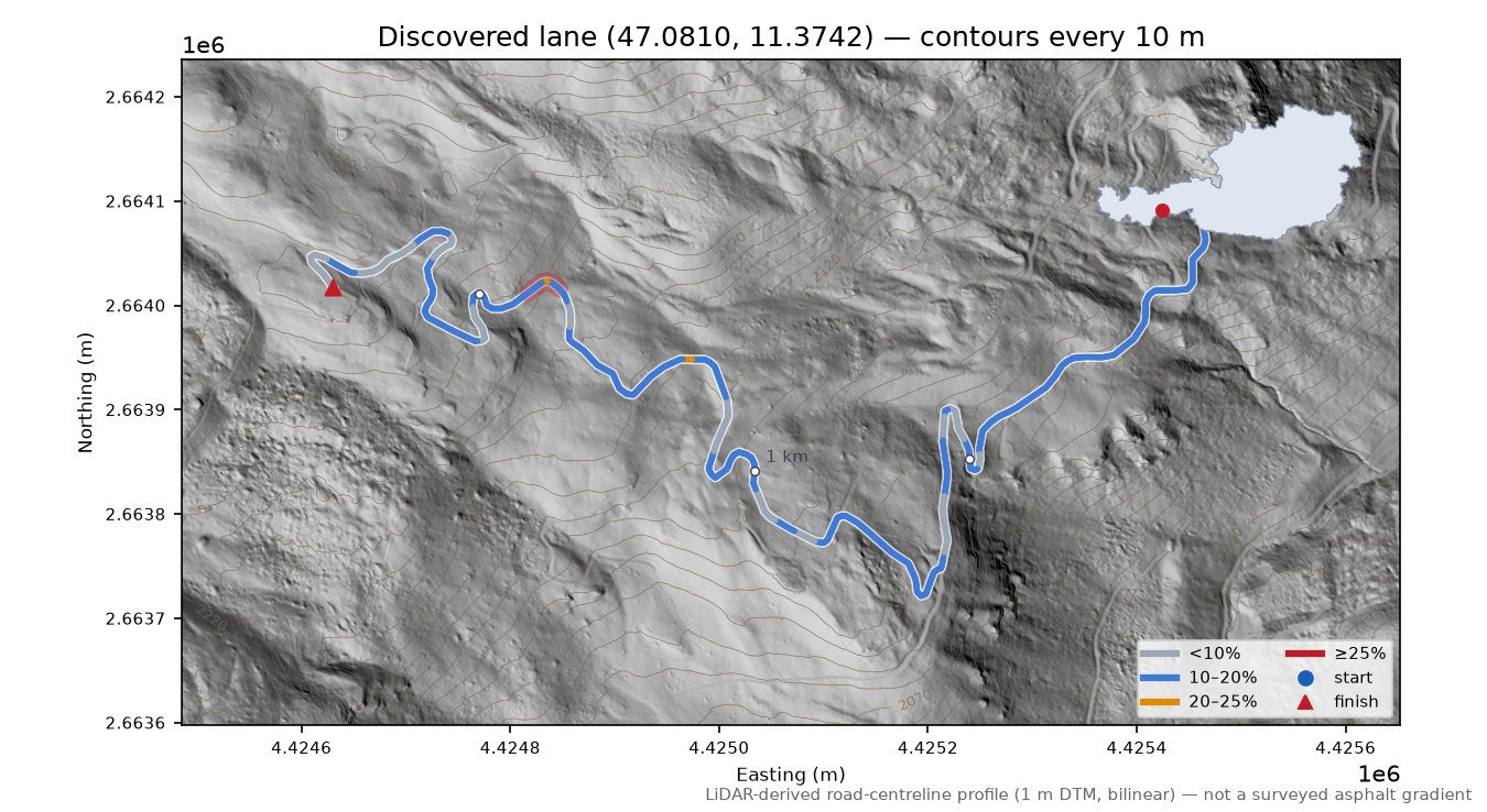 Discovered lane (47.0810, 11.3742) LiDAR hillshade map with contours