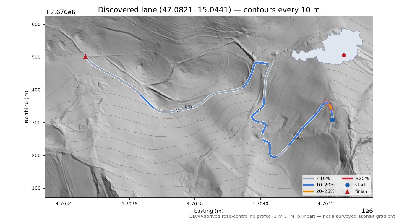 Discovered lane (47.0821, 15.0441) LiDAR hillshade map with contours