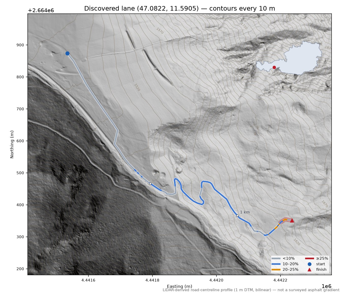 Discovered lane (47.0822, 11.5905) LiDAR hillshade map with contours