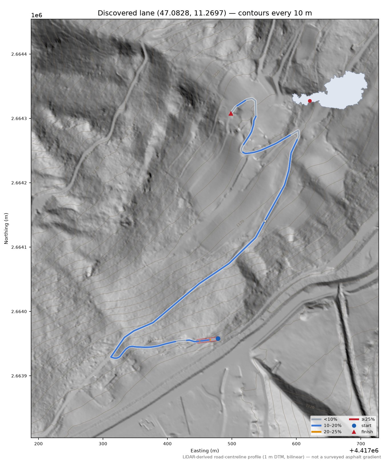 Discovered lane (47.0828, 11.2697) LiDAR hillshade map with contours