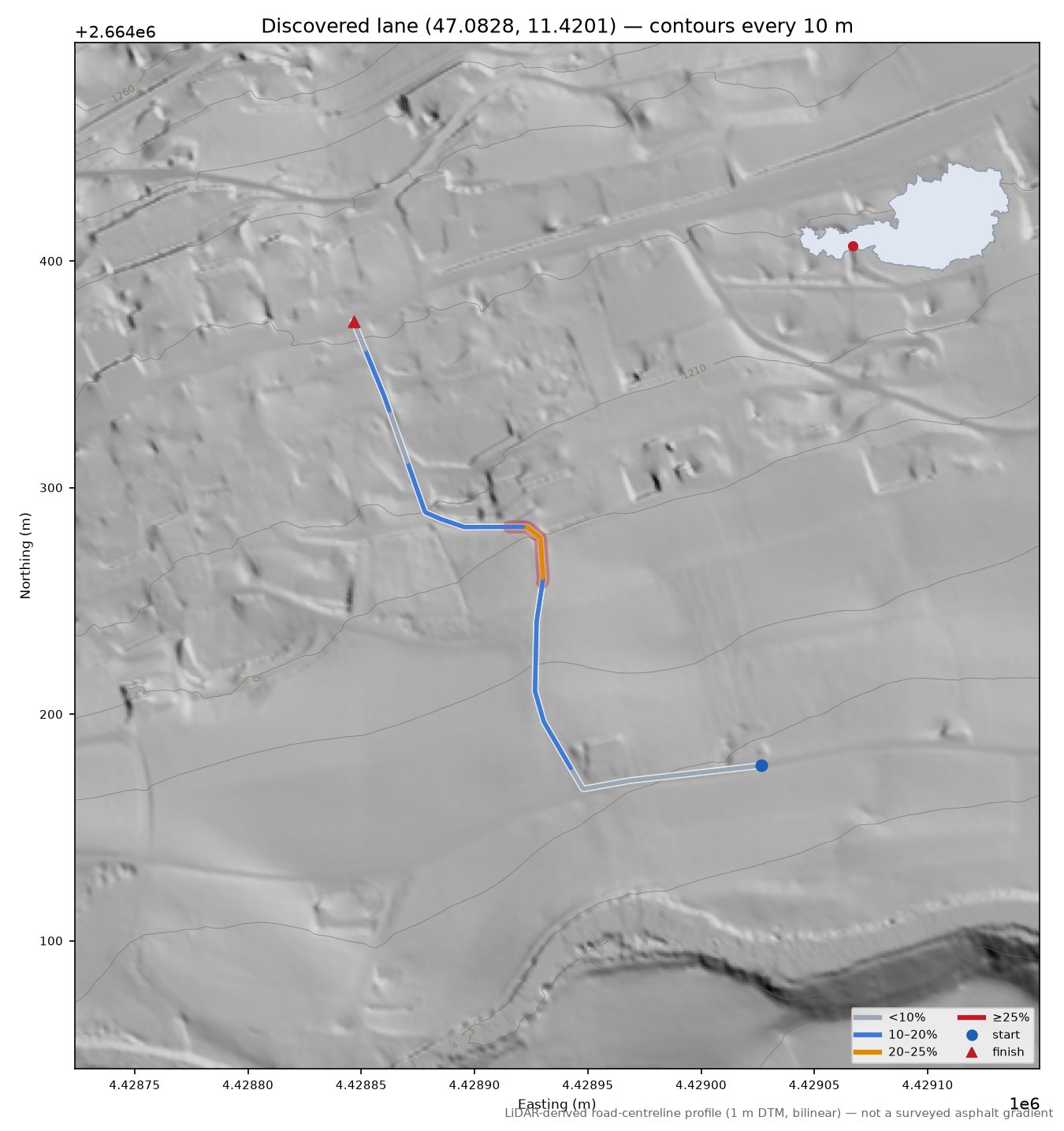 Discovered lane (47.0828, 11.4201) LiDAR hillshade map with contours