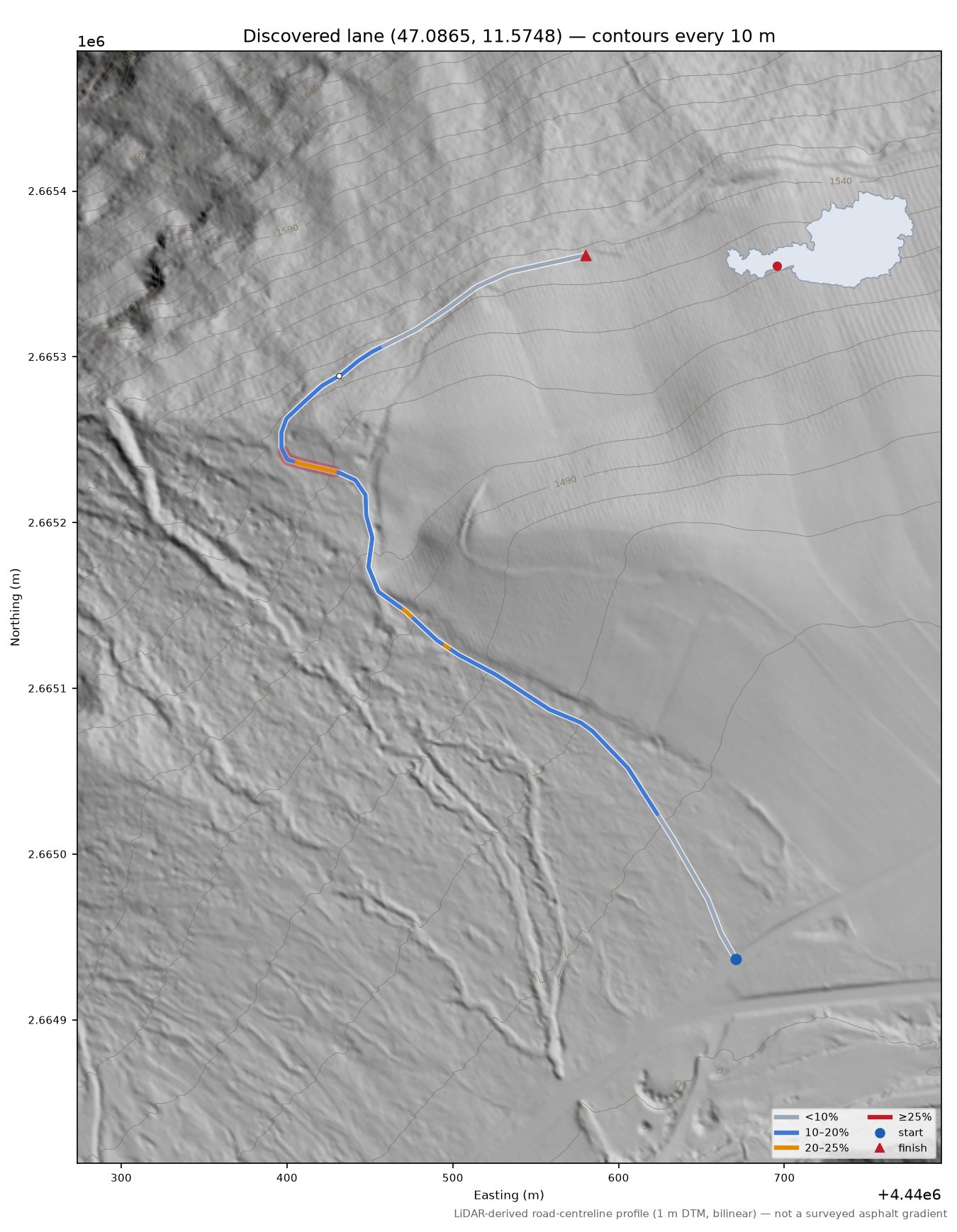 Discovered lane (47.0865, 11.5748) LiDAR hillshade map with contours