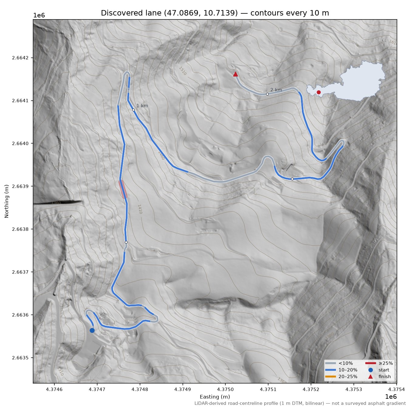 Discovered lane (47.0869, 10.7139) LiDAR hillshade map with contours