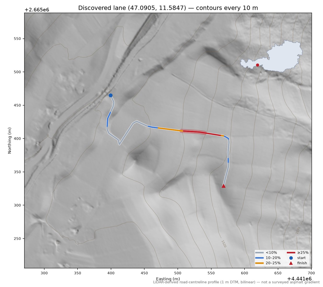 Discovered lane (47.0905, 11.5847) LiDAR hillshade map with contours