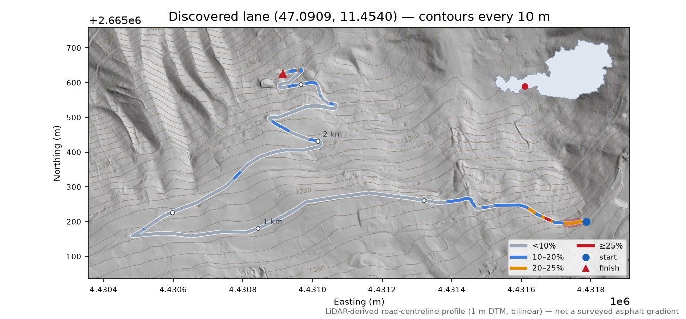 Discovered lane (47.0909, 11.4540) LiDAR hillshade map with contours