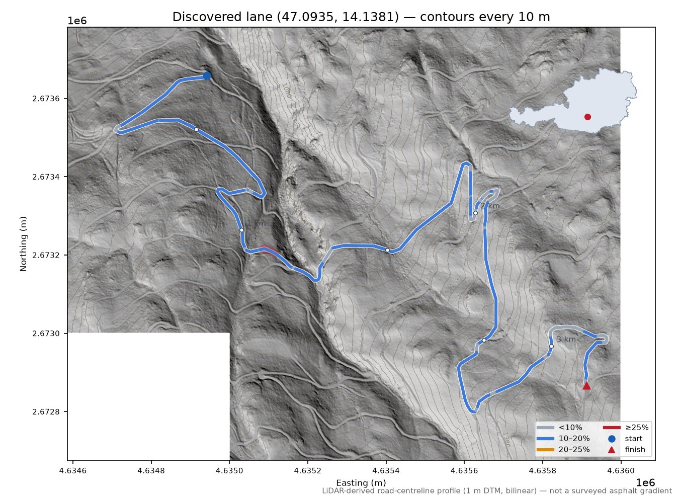 Discovered lane (47.0935, 14.1381) LiDAR hillshade map with contours