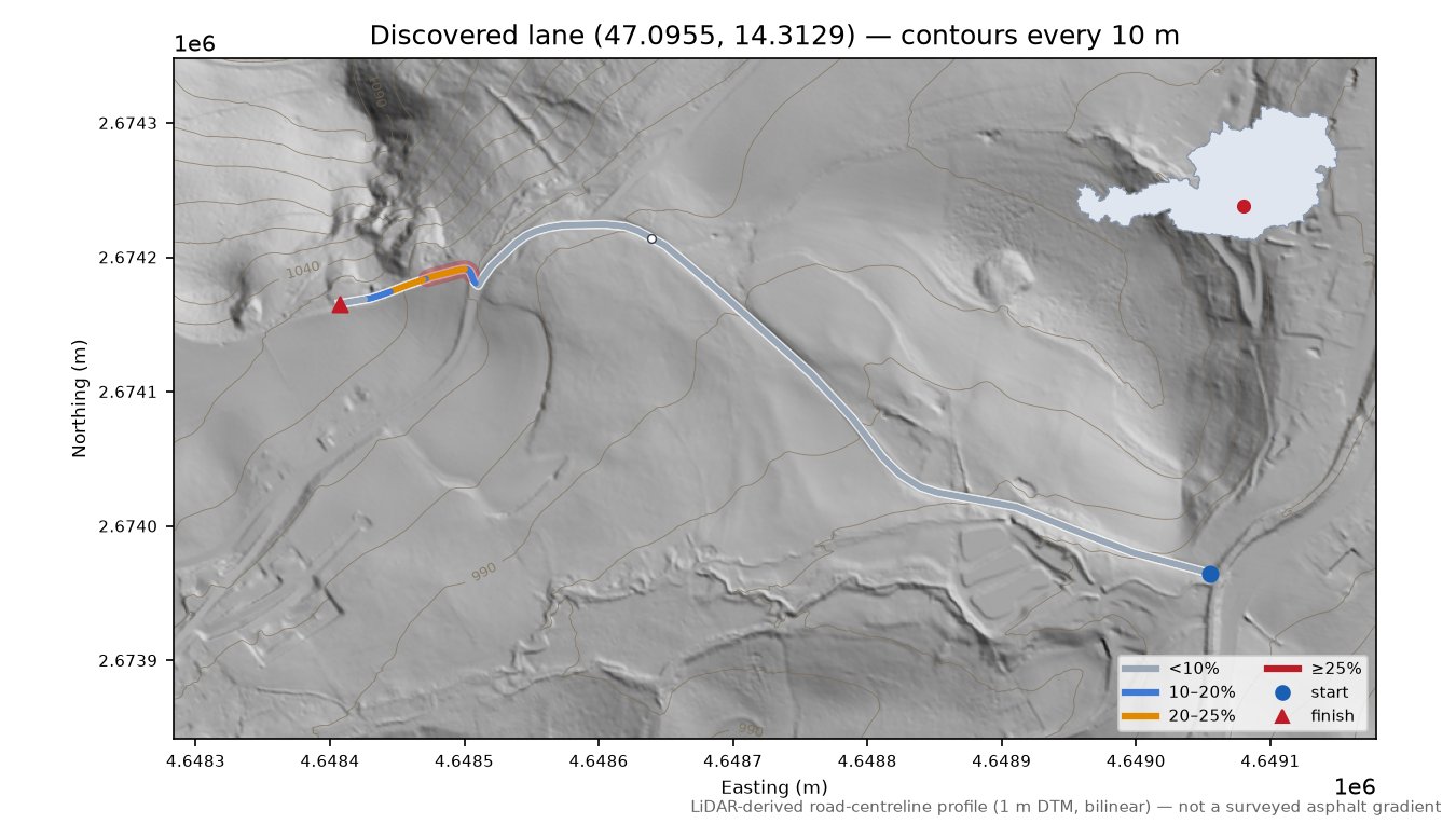 Discovered lane (47.0955, 14.3129) LiDAR hillshade map with contours
