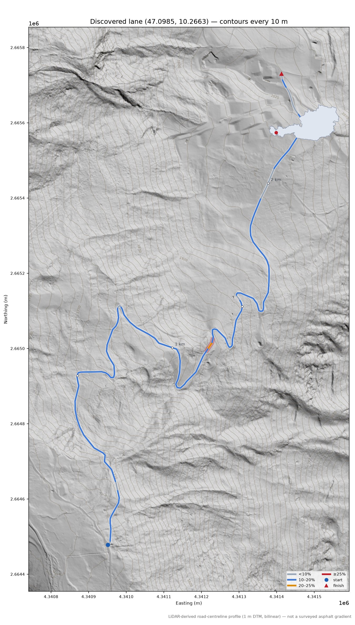 Discovered lane (47.0985, 10.2663) LiDAR hillshade map with contours