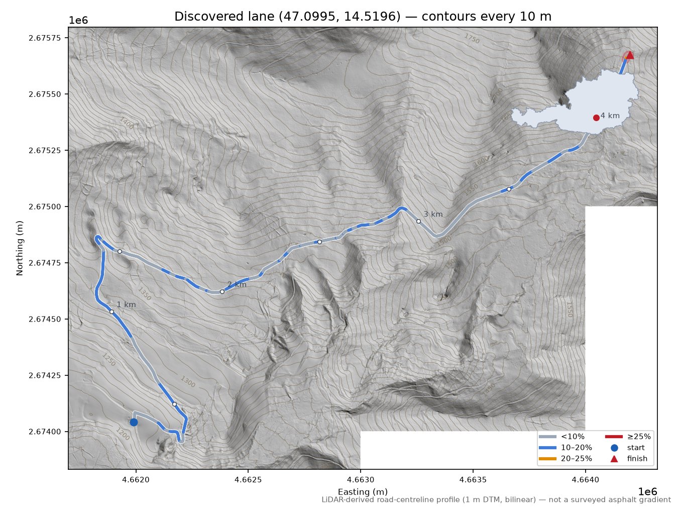 Discovered lane (47.0995, 14.5196) LiDAR hillshade map with contours