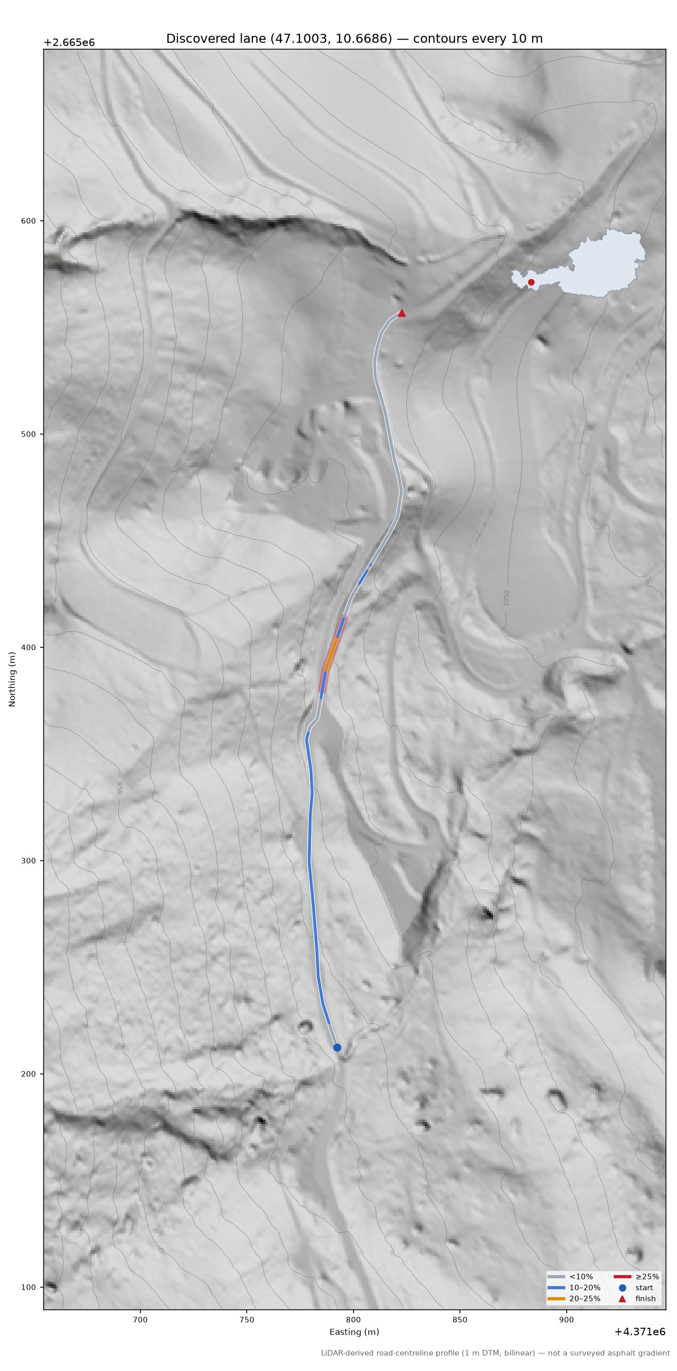 Discovered lane (47.1003, 10.6686) LiDAR hillshade map with contours