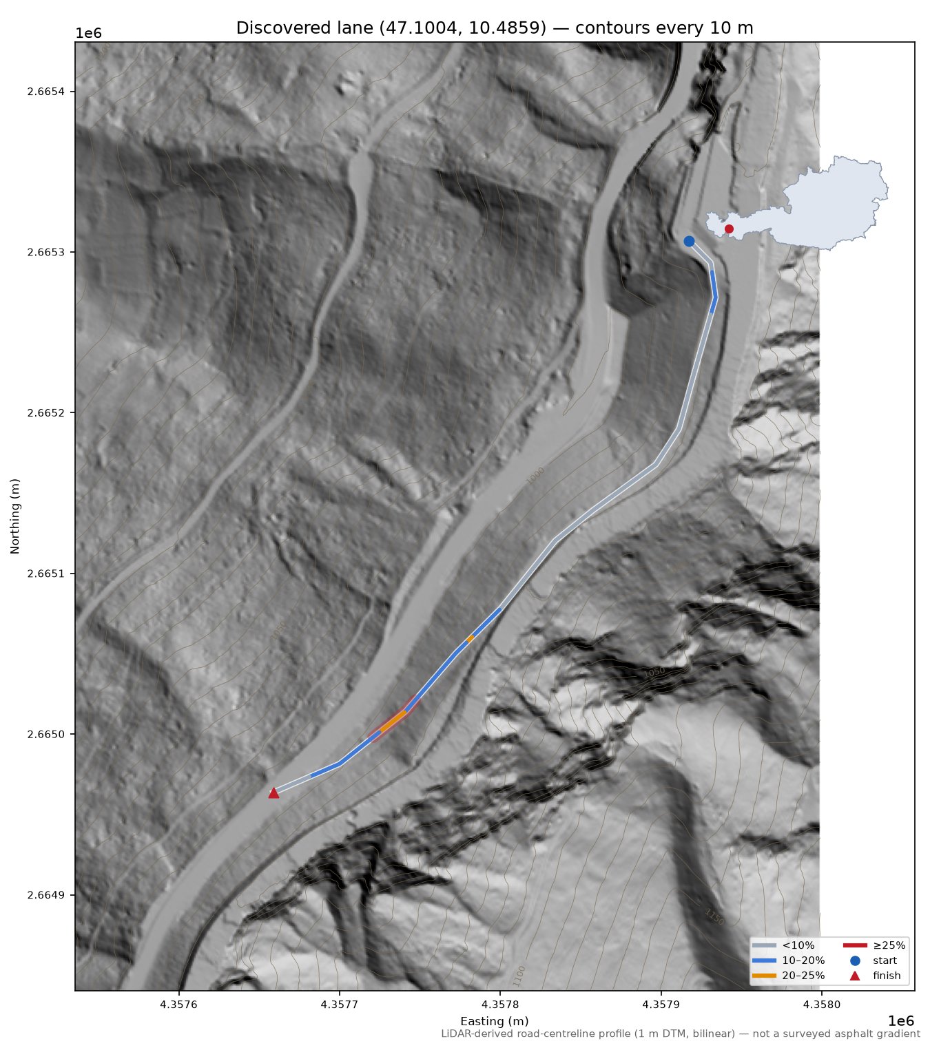 Discovered lane (47.1004, 10.4859) LiDAR hillshade map with contours