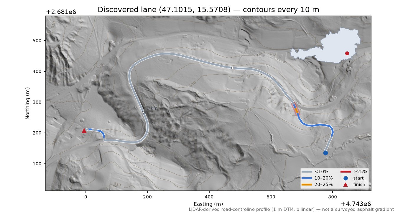 Discovered lane (47.1015, 15.5708) LiDAR hillshade map with contours