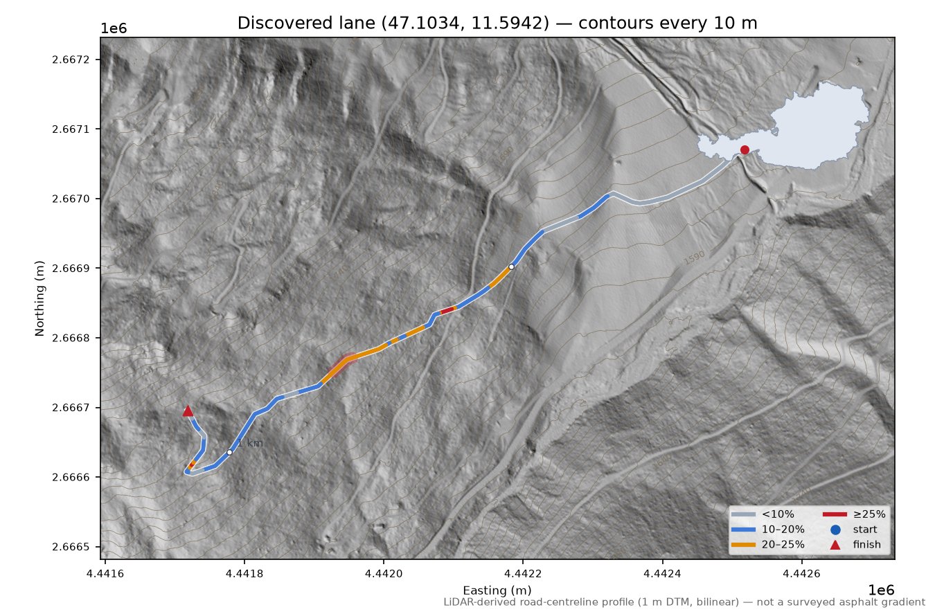 Discovered lane (47.1034, 11.5942) LiDAR hillshade map with contours