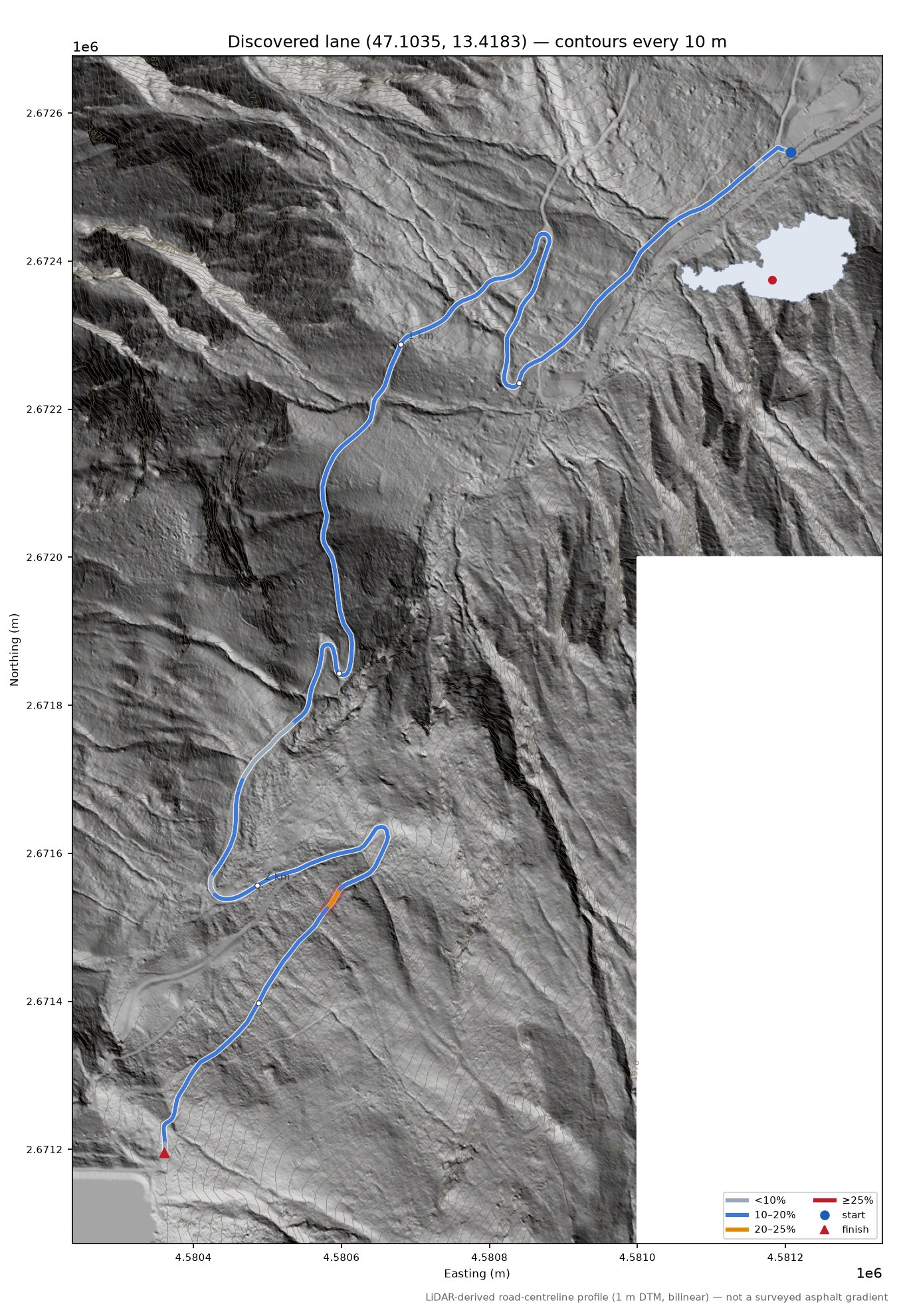 Discovered lane (47.1035, 13.4183) LiDAR hillshade map with contours