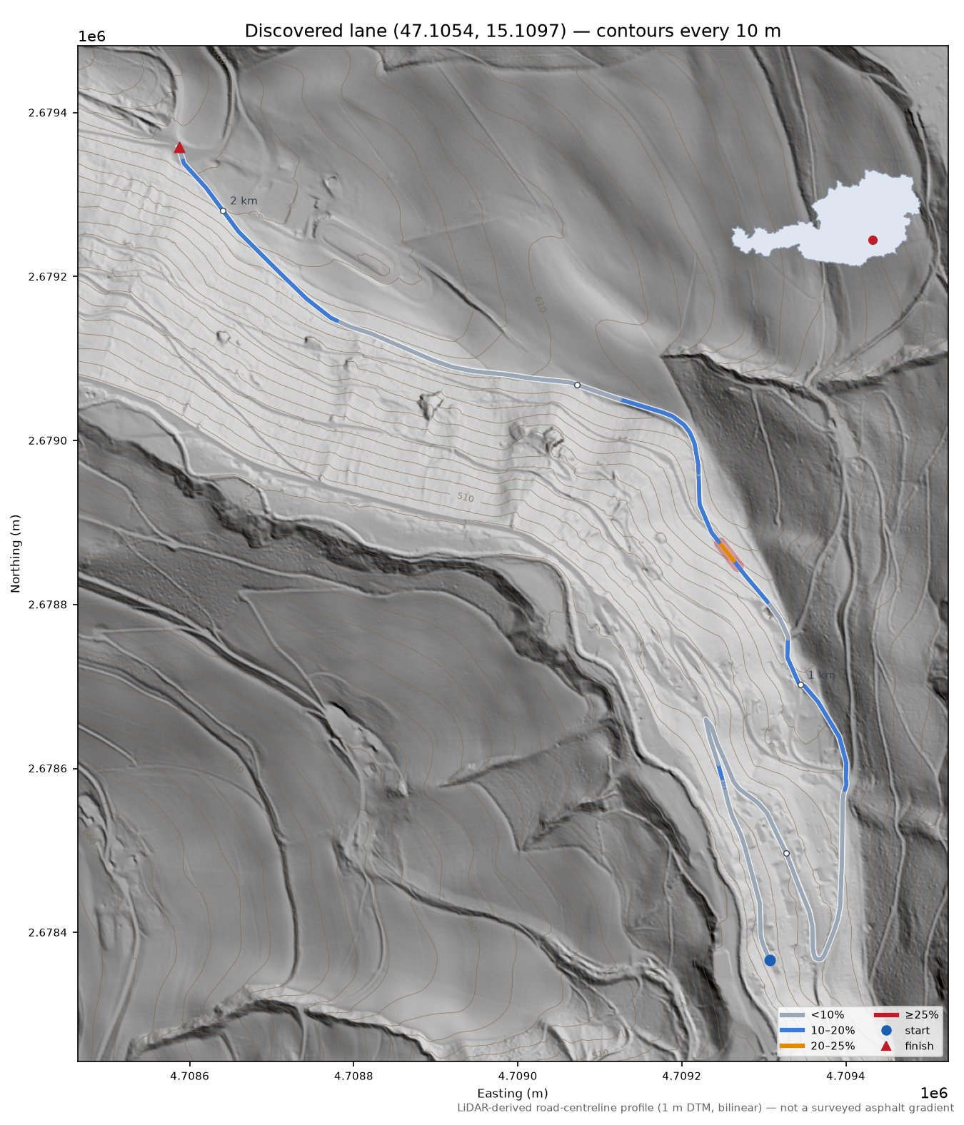 Discovered lane (47.1054, 15.1097) LiDAR hillshade map with contours
