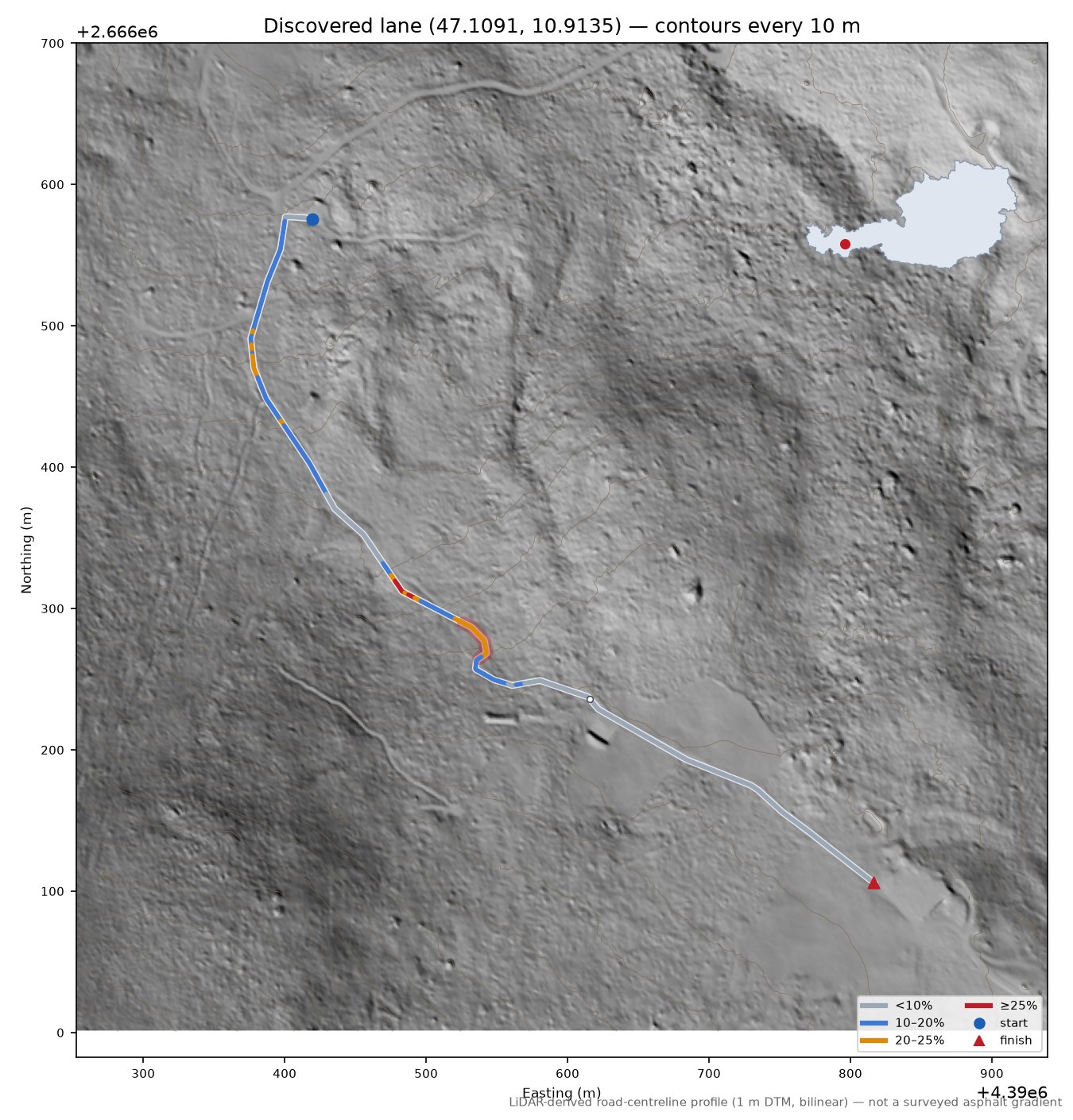 Discovered lane (47.1091, 10.9135) LiDAR hillshade map with contours