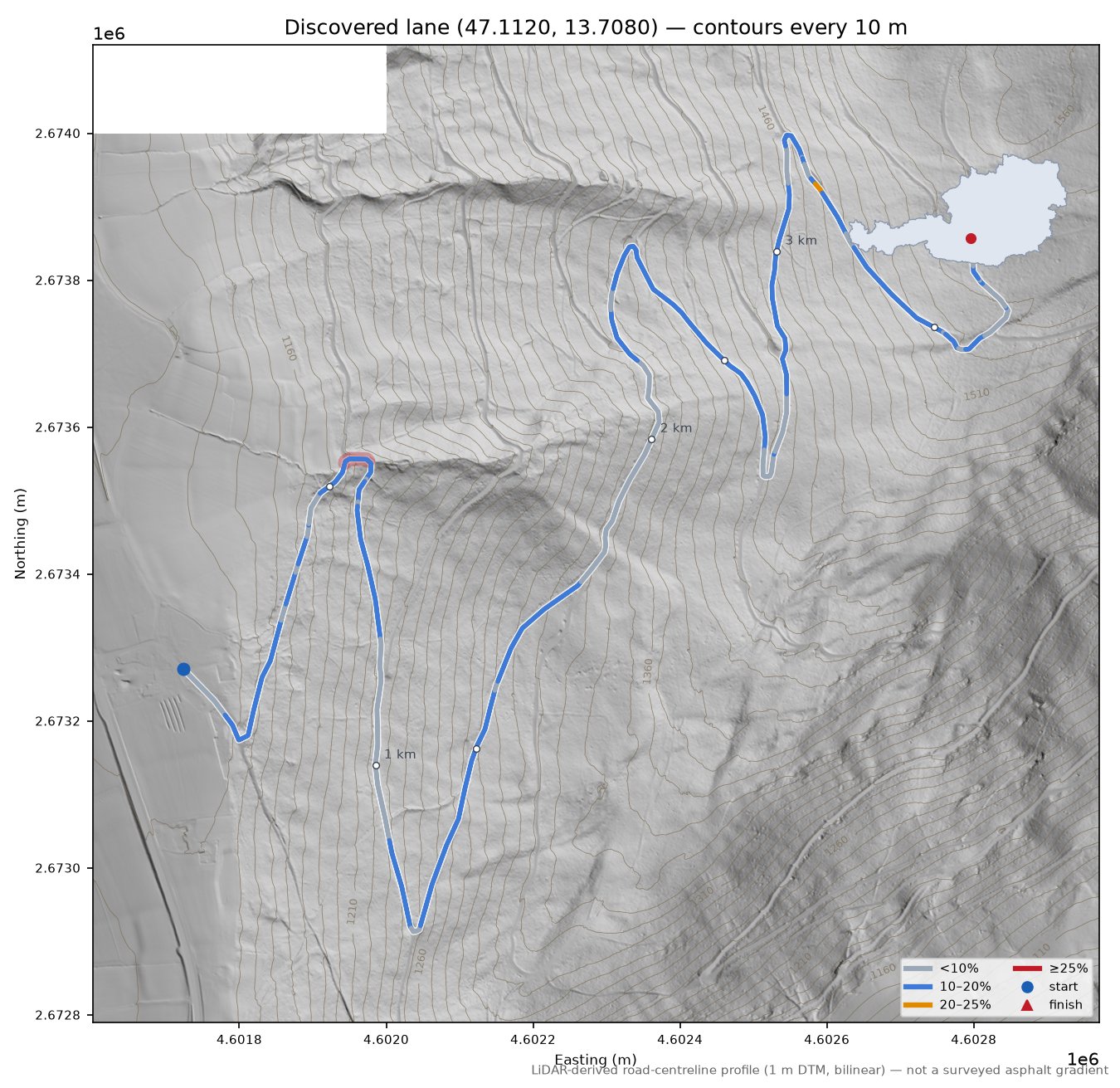 Discovered lane (47.1120, 13.7080) LiDAR hillshade map with contours