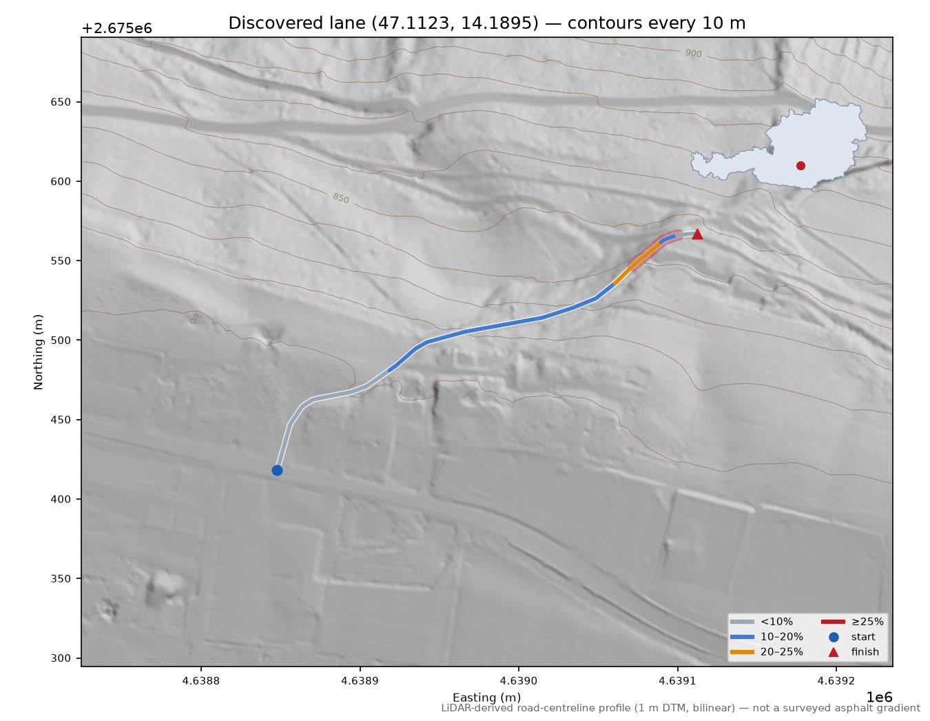 Discovered lane (47.1123, 14.1895) LiDAR hillshade map with contours