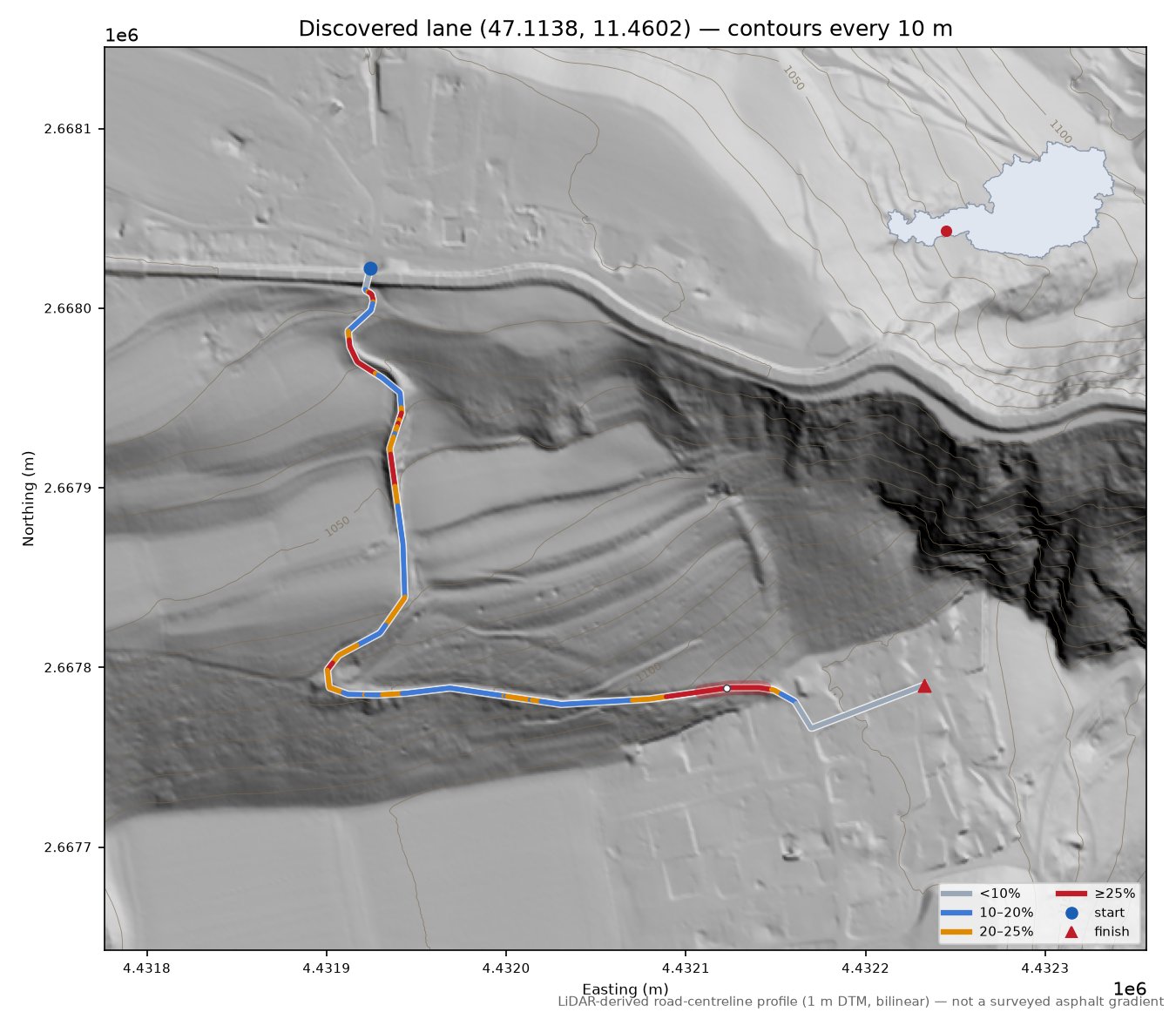 Discovered lane (47.1138, 11.4602) LiDAR hillshade map with contours