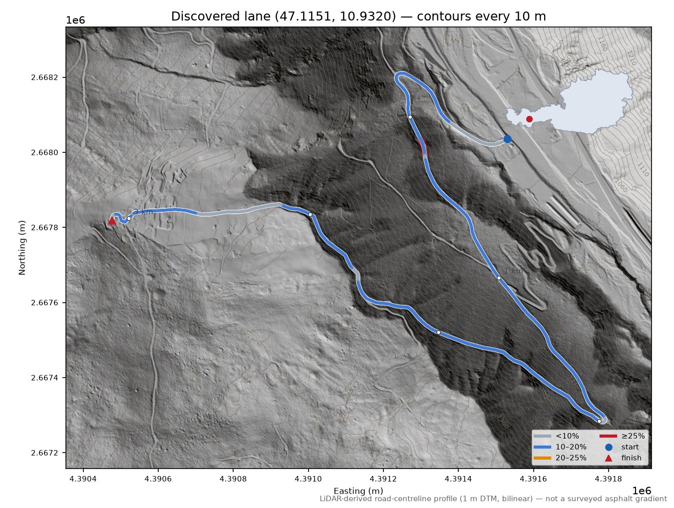 Discovered lane (47.1151, 10.9320) LiDAR hillshade map with contours
