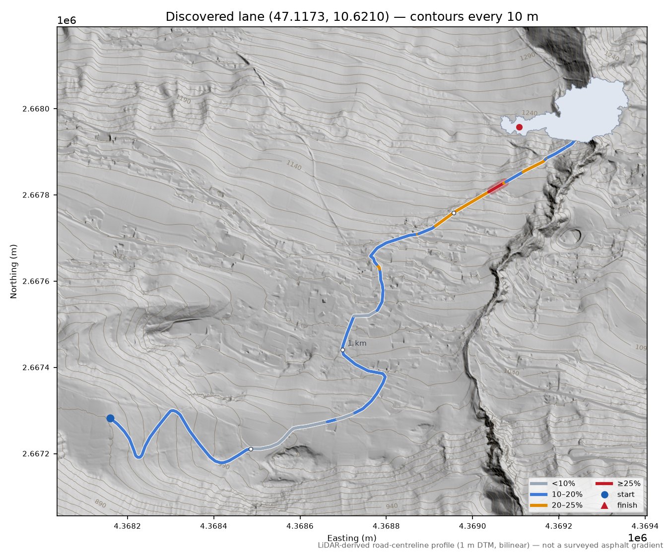 Discovered lane (47.1173, 10.6210) LiDAR hillshade map with contours