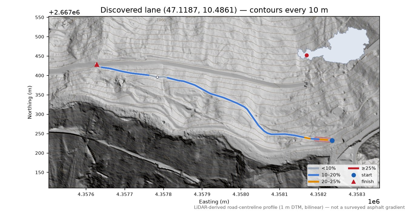 Discovered lane (47.1187, 10.4861) LiDAR hillshade map with contours