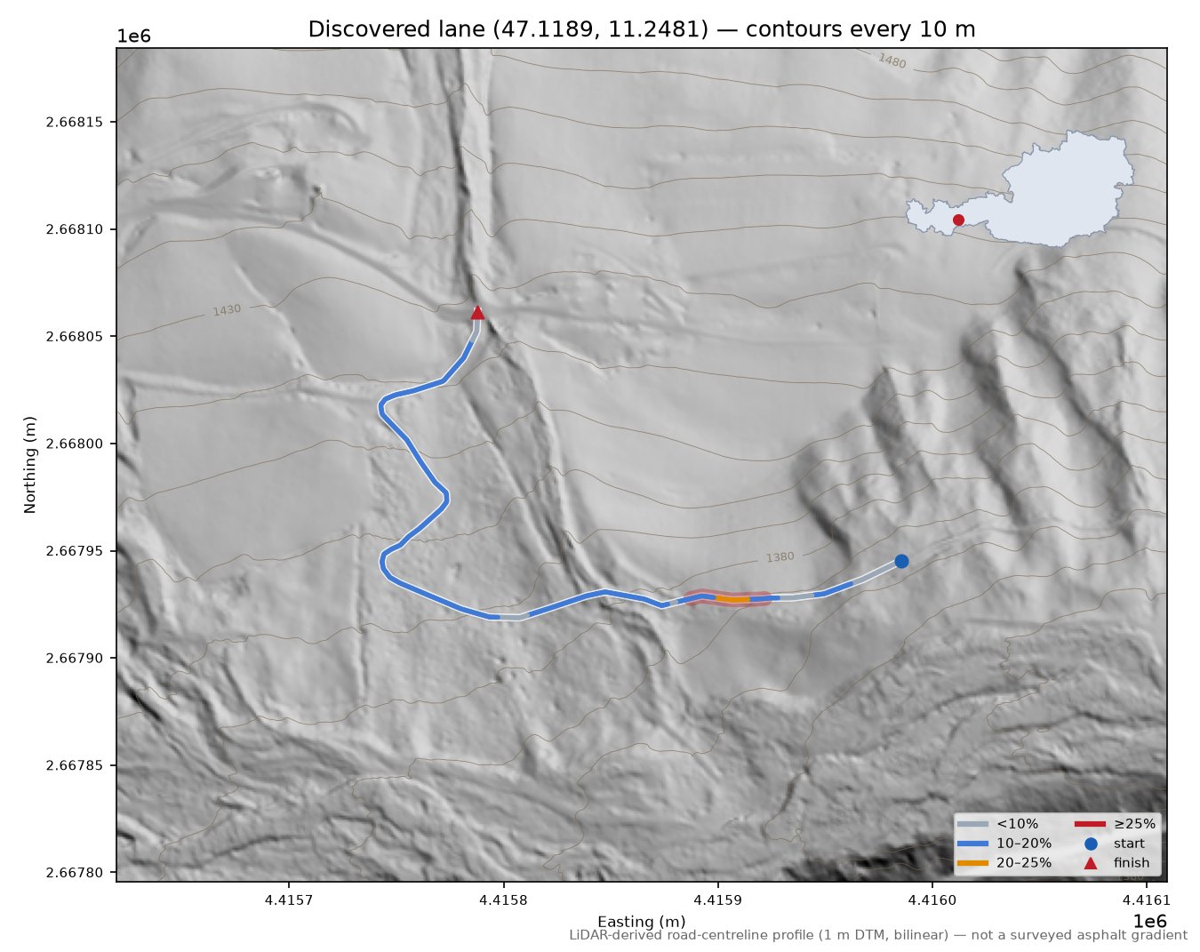 Discovered lane (47.1189, 11.2481) LiDAR hillshade map with contours