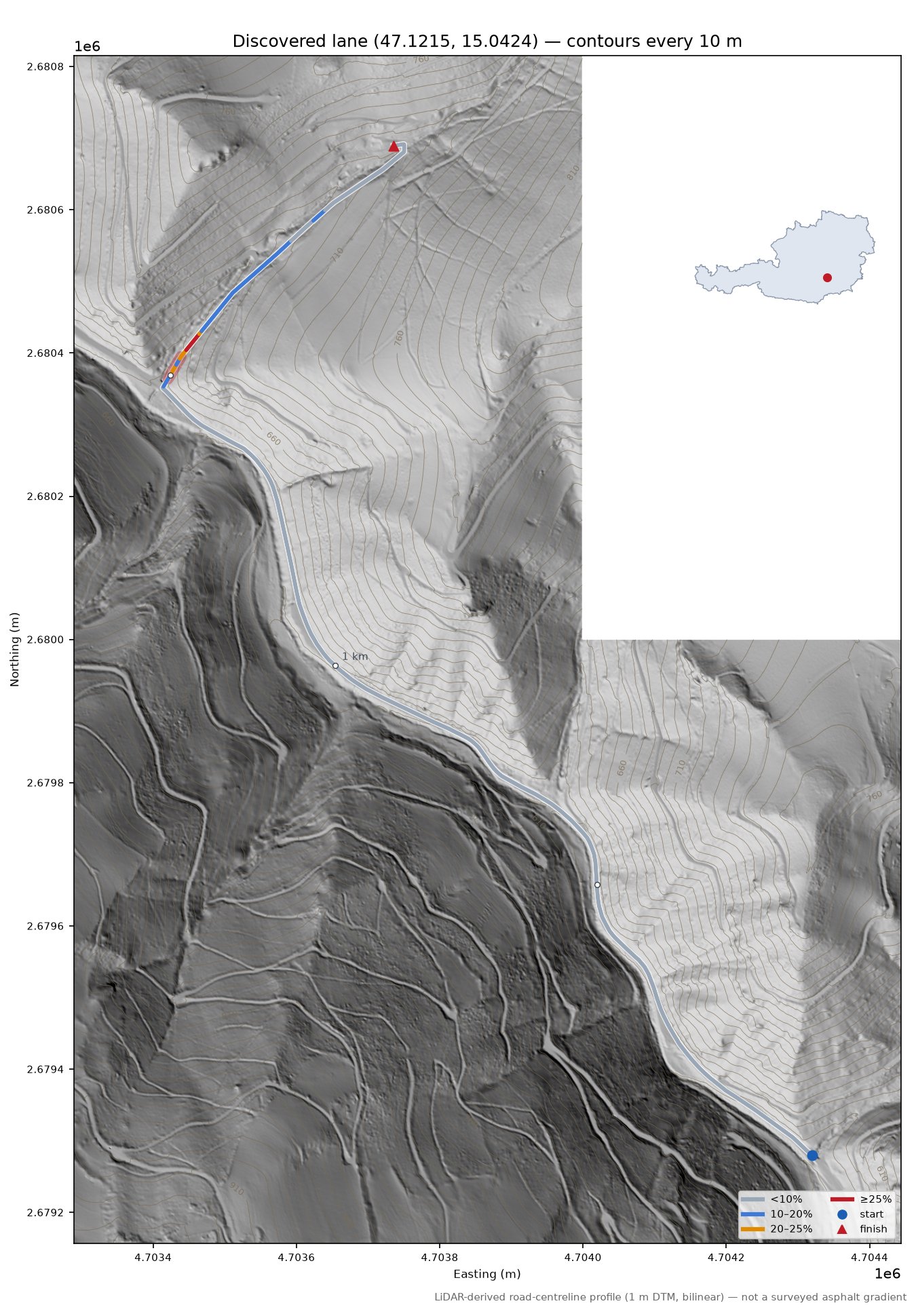 Discovered lane (47.1215, 15.0424) LiDAR hillshade map with contours