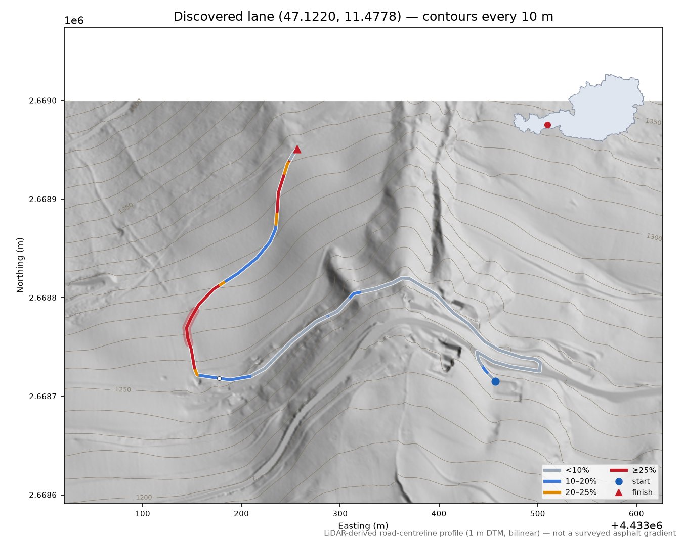 Discovered lane (47.1220, 11.4778) LiDAR hillshade map with contours