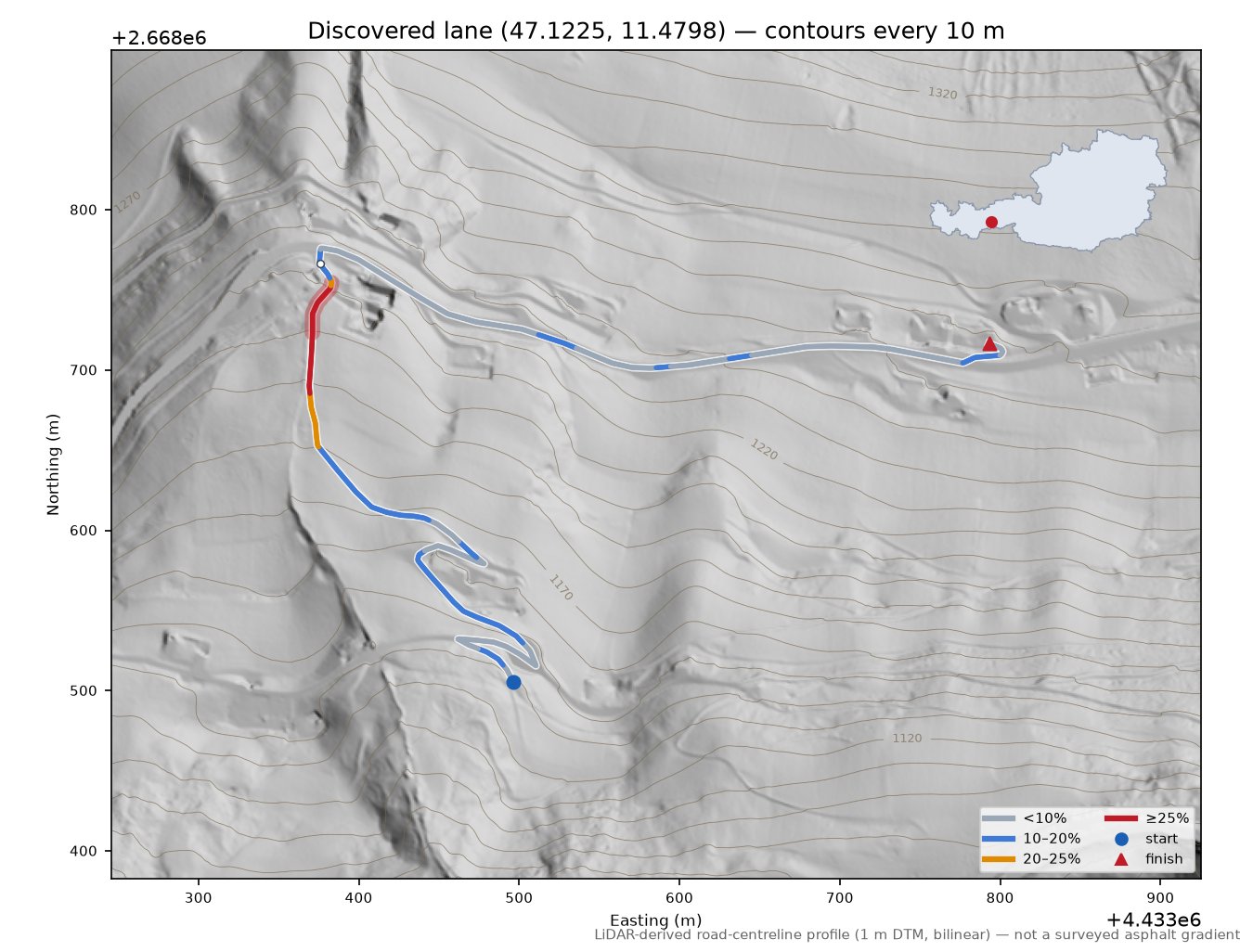 Discovered lane (47.1225, 11.4798) LiDAR hillshade map with contours