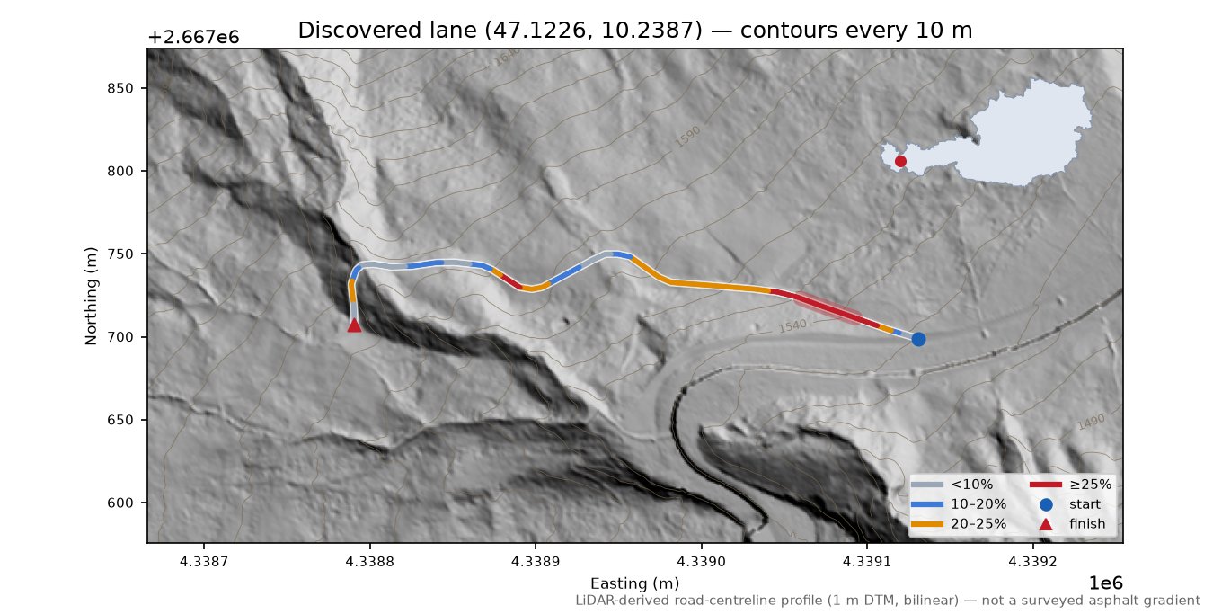 Discovered lane (47.1226, 10.2387) LiDAR hillshade map with contours