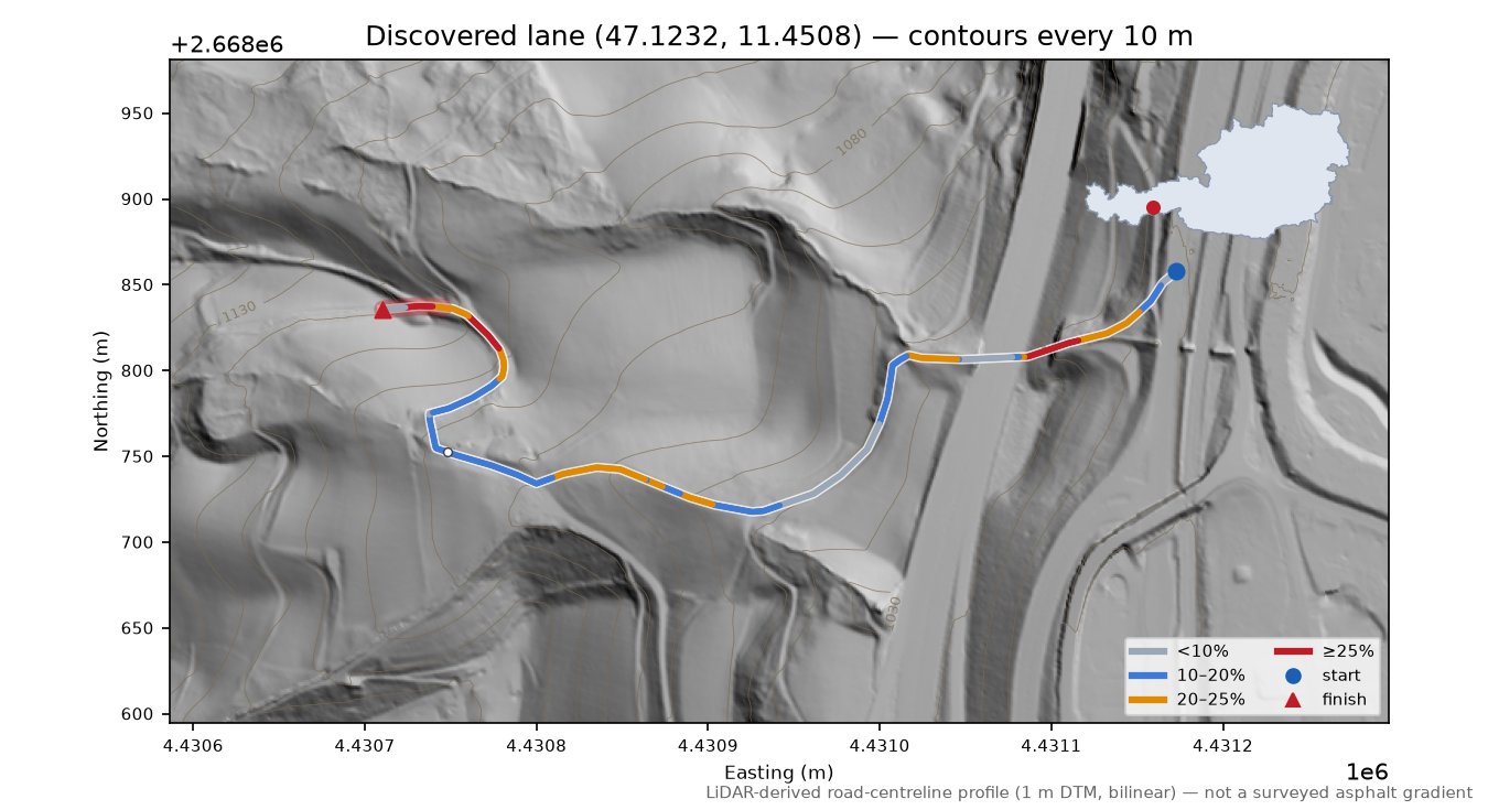 Discovered lane (47.1232, 11.4508) LiDAR hillshade map with contours
