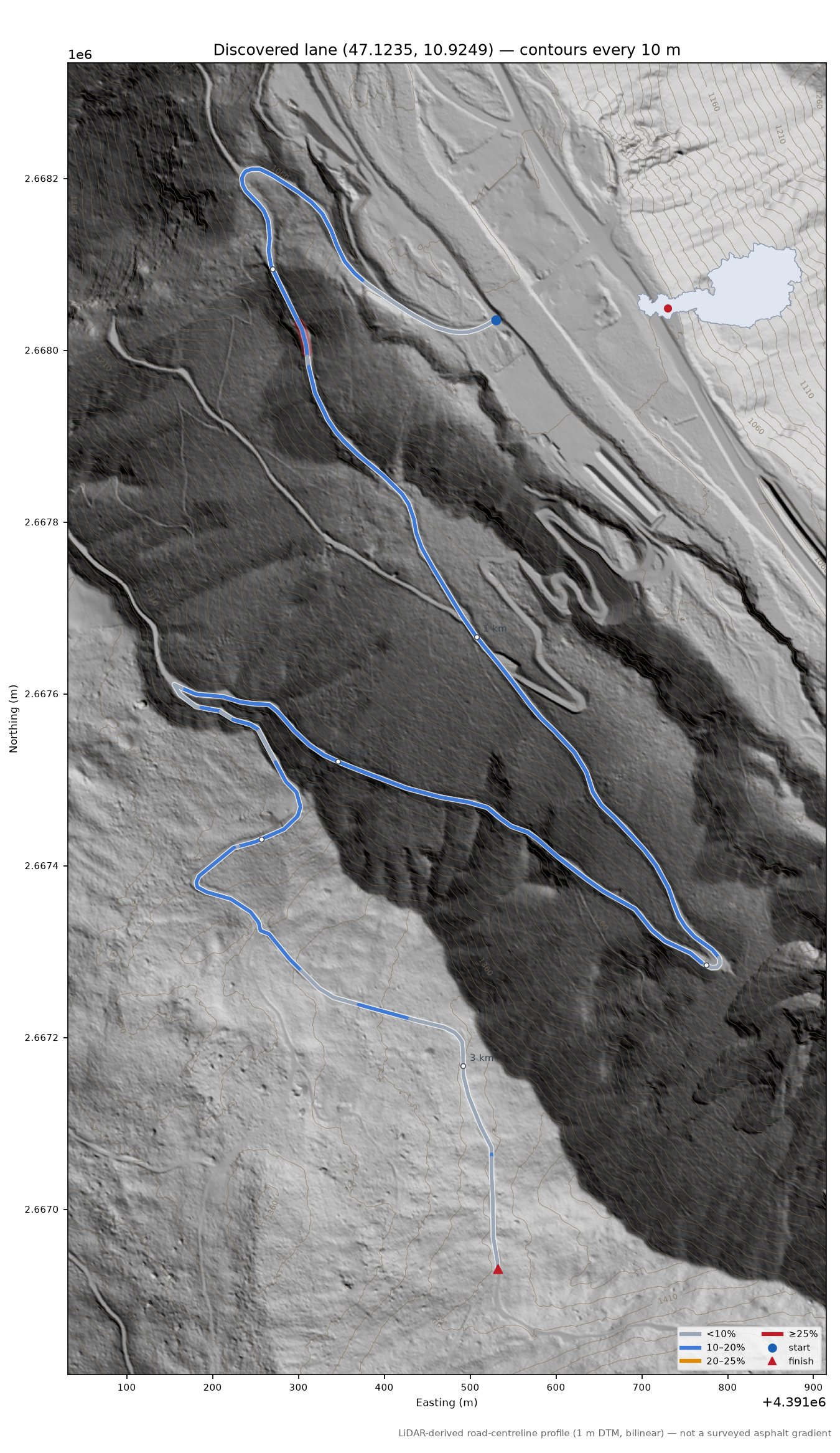 Discovered lane (47.1235, 10.9249) LiDAR hillshade map with contours