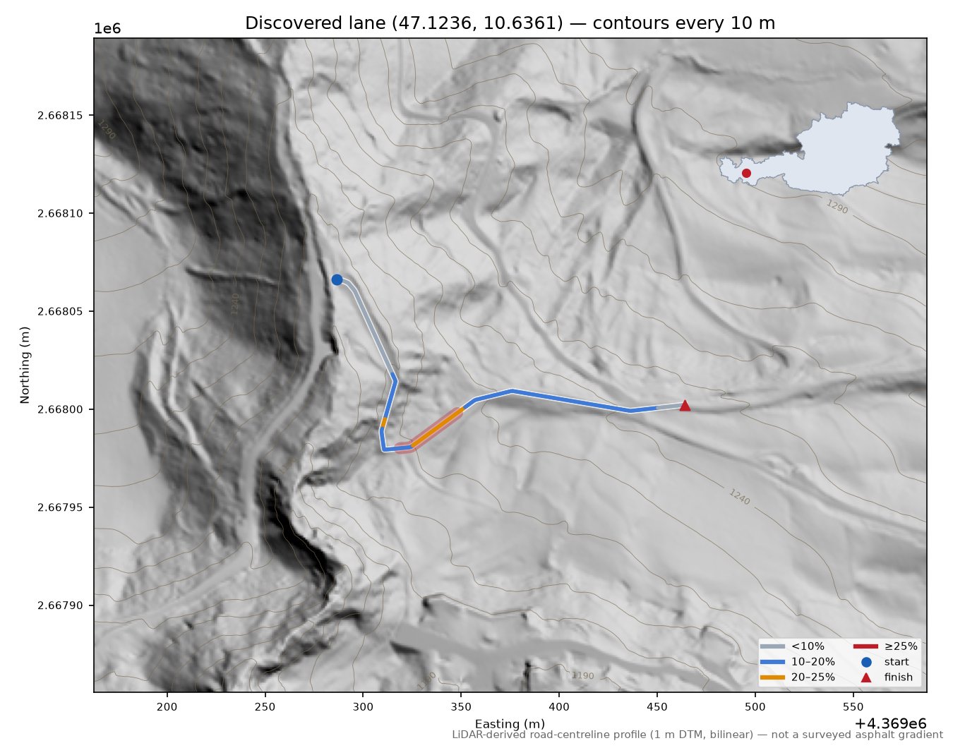 Discovered lane (47.1236, 10.6361) LiDAR hillshade map with contours