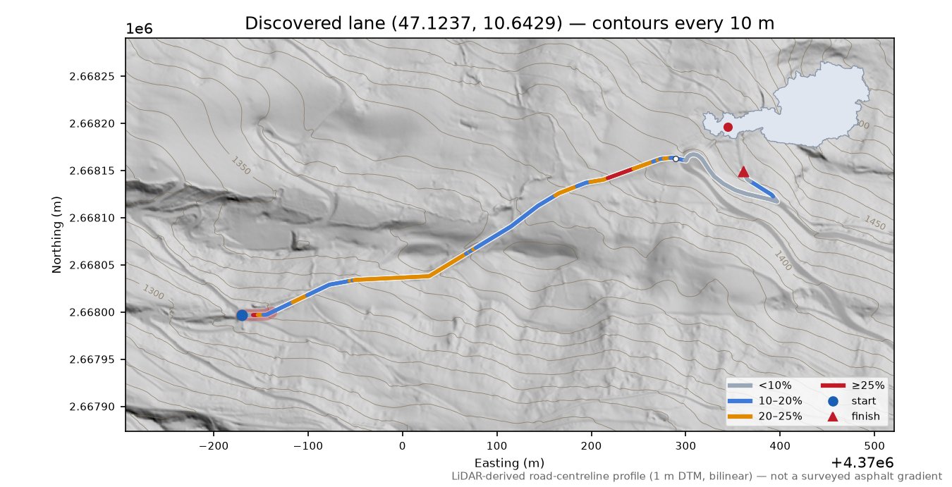 Discovered lane (47.1237, 10.6429) LiDAR hillshade map with contours