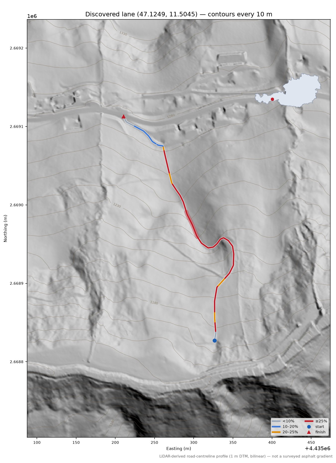 Discovered lane (47.1249, 11.5045) LiDAR hillshade map with contours