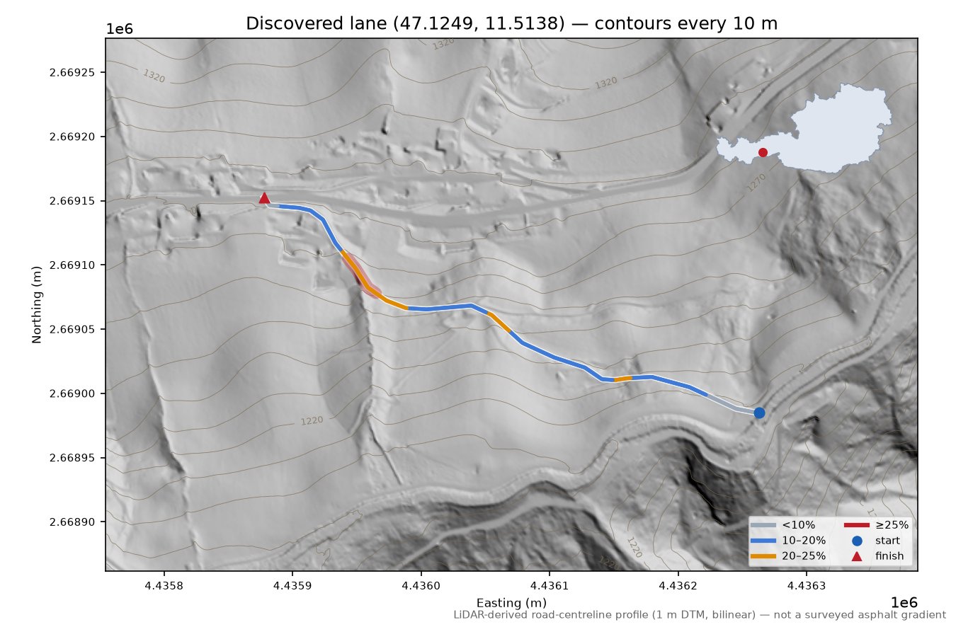 Discovered lane (47.1249, 11.5138) LiDAR hillshade map with contours