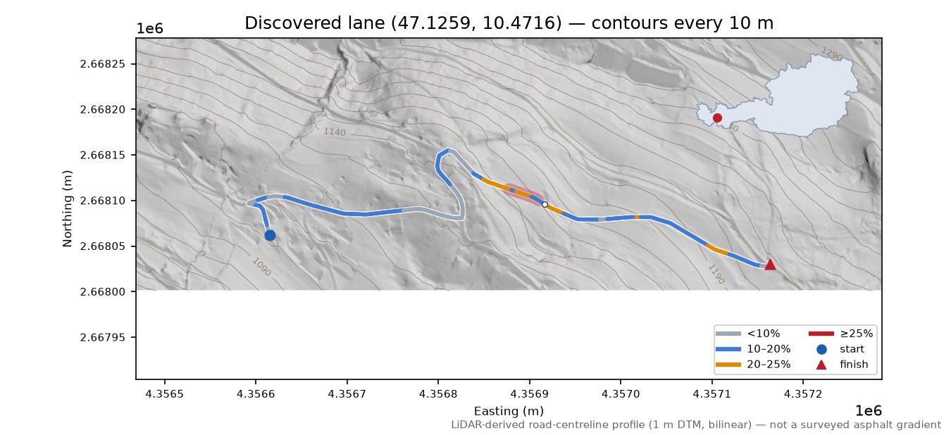 Discovered lane (47.1259, 10.4716) LiDAR hillshade map with contours