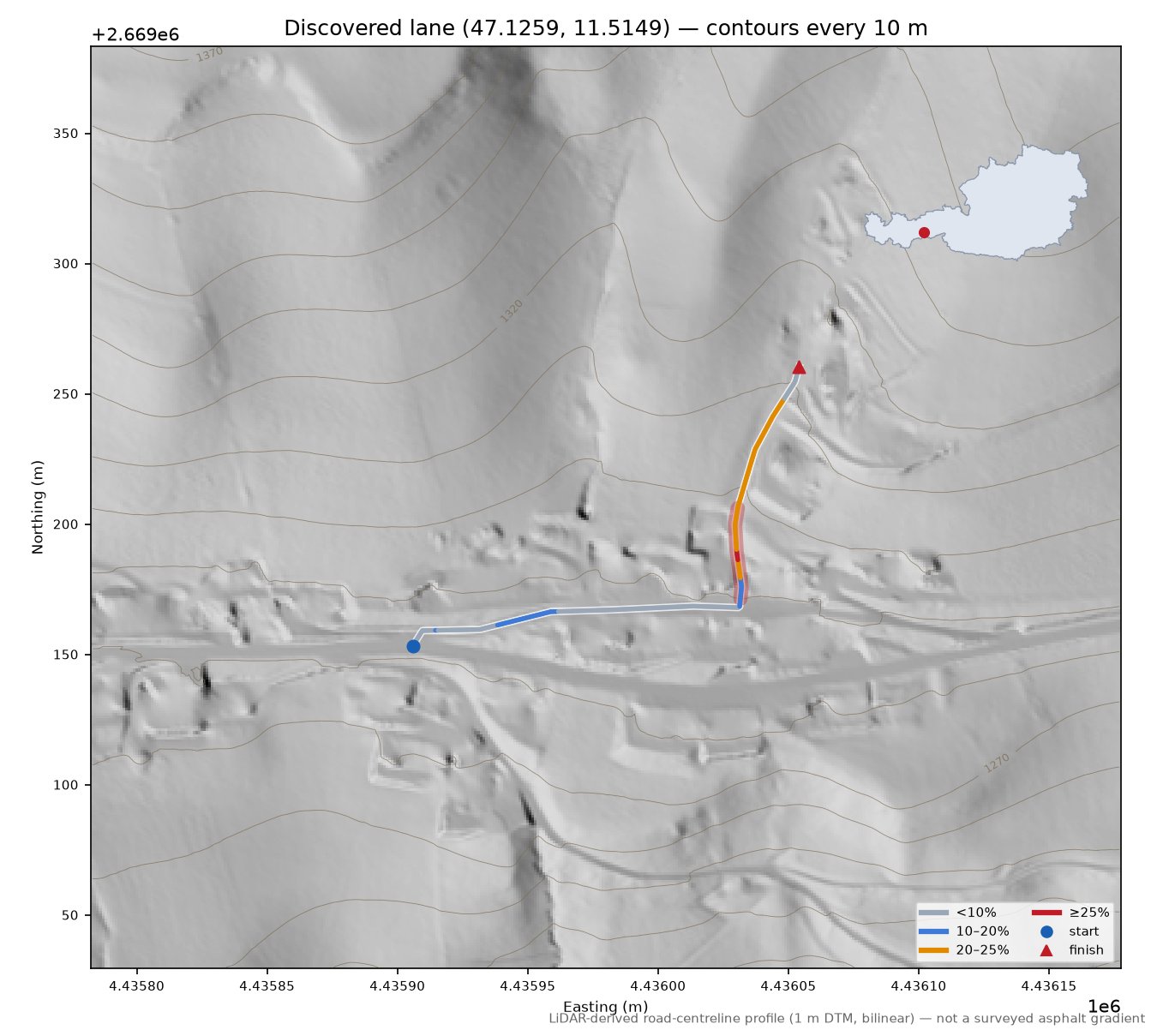 Discovered lane (47.1259, 11.5149) LiDAR hillshade map with contours