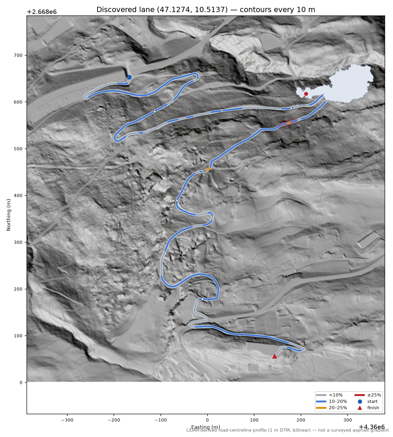 Discovered lane (47.1274, 10.5137) LiDAR hillshade map with contours