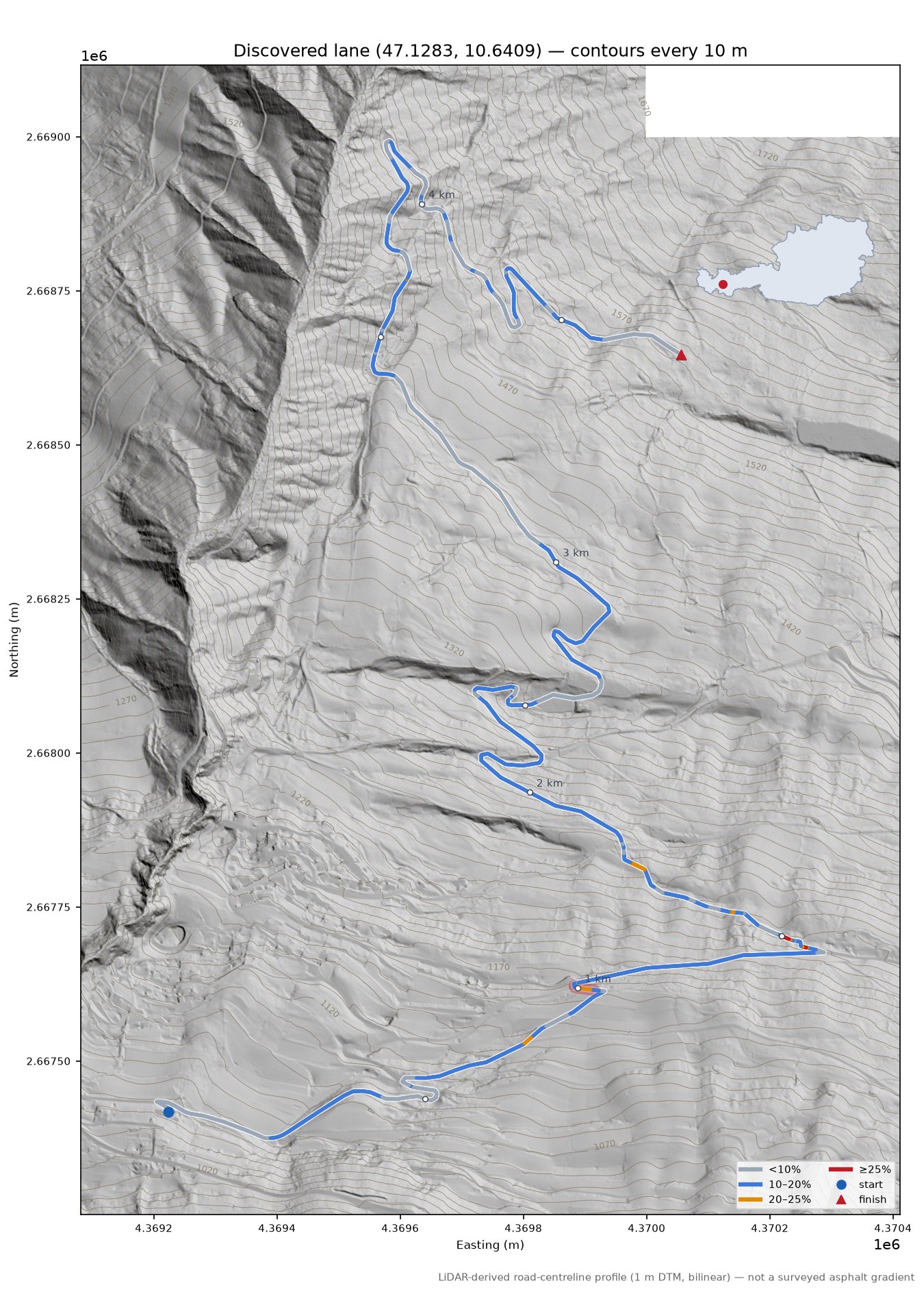 Discovered lane (47.1283, 10.6409) LiDAR hillshade map with contours