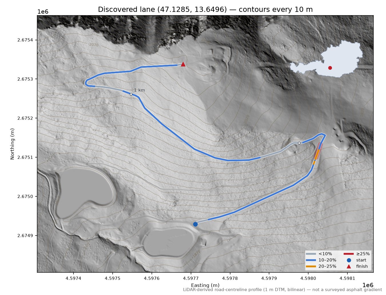Discovered lane (47.1285, 13.6496) LiDAR hillshade map with contours
