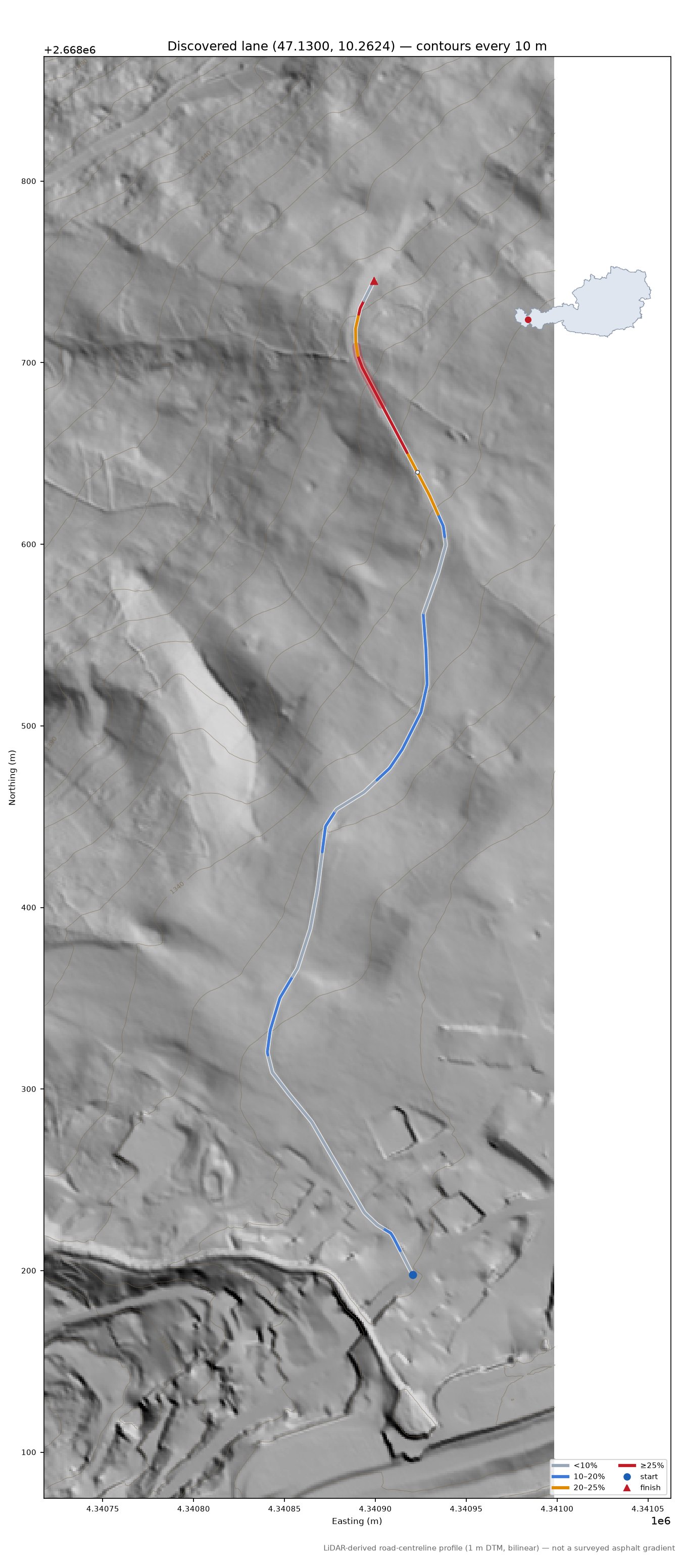 Discovered lane (47.1300, 10.2624) LiDAR hillshade map with contours