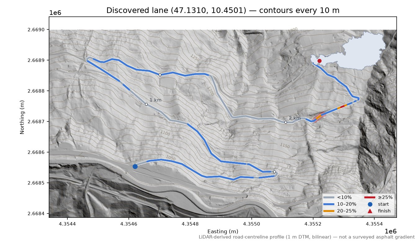 Discovered lane (47.1310, 10.4501) LiDAR hillshade map with contours